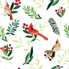 Beautiful cardinal bird and leaf on christmas day seamless pattern