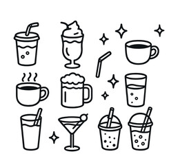 Various drink icons: coffee, juice, cocktails, and beverages