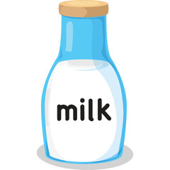 Glass bottle of fresh white milk with a wooden cap and the word milk written in black on a transparent background a simple cartoon illustration