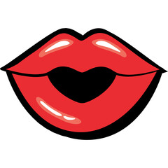 Glossy Red Lips Shaped Like a Heart with a Black Outline on a Transparent Background Expressing Sensuality and Love in a Pop Art Style