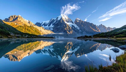 Naklejka premium Majestic Snow Capped Mountains Reflected in a Calm Lake During a Golden Sunrise with Wispy Clouds and Rocky Shoreline