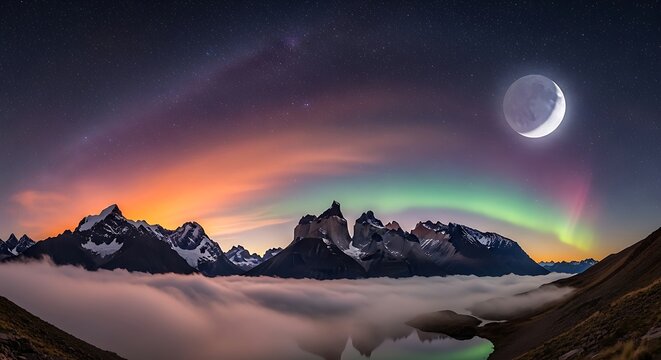 Stunning Aurora Borealis and Crescent Moon over Majestic Mountain Range with Cloud Inversion.
