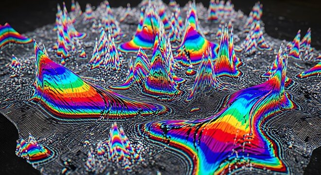 Abstract Psychedelic Landscape with Rainbow Colors and Geometric Shapes.