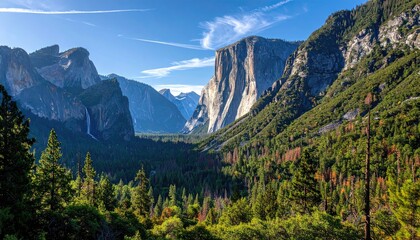 Majestic Yosemite Valley El Capitan Granite Cliff Face Overlook With Pine Forest And Blue Sky Sunlight