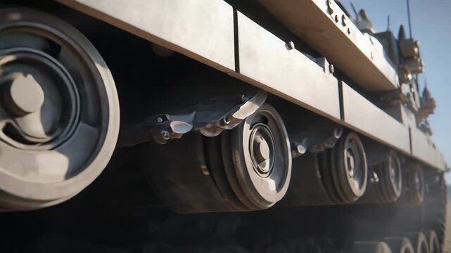 Close-up of a tank&rsquo;s track and a large hollow gun muzzle with a flanged opening.