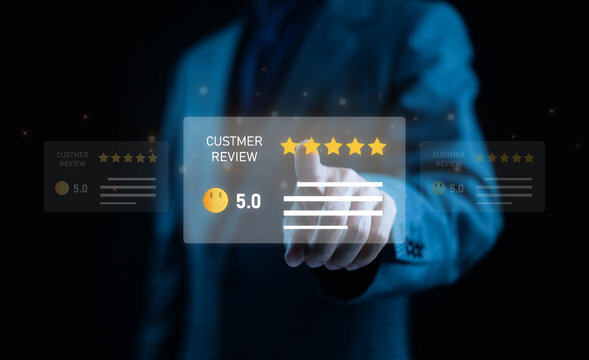 Businessman touching a virtual 5-star customer review interface, symbolizing excellent service, positive feedback, and high customer satisfaction in online business and digital marketing.