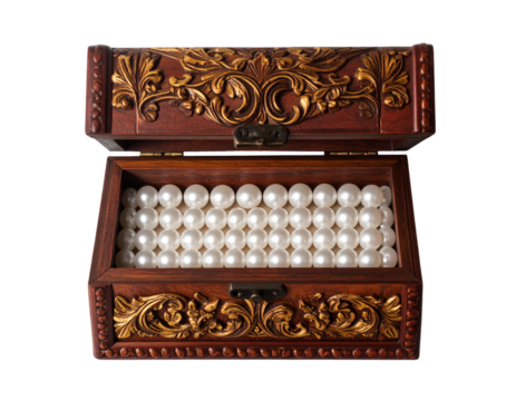 Elegant Ornate Wooden Jewelry Box Overflowing with Pearls isolated on transparent background