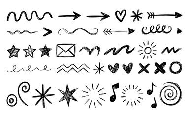 Hand-drawn doodle elements including arrows, hearts, stars, swirls, highlights, and underlines.