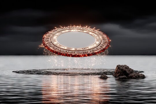 Illuminated disc hovers above water, sparks rising below - Powered by Adobe