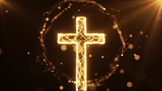 A glowing golden cross slowly emerging from soft light rays, surrounded by warm golden particles and gentle motion, cinematic lighting, calm atmosphere, isolated on dark background.