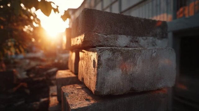 Stack of concrete blocks on a construction site bathed in the warm glow of a setting sun.