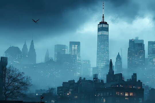 Moody cityscape with skyscrapers under fog, bird silhouetted