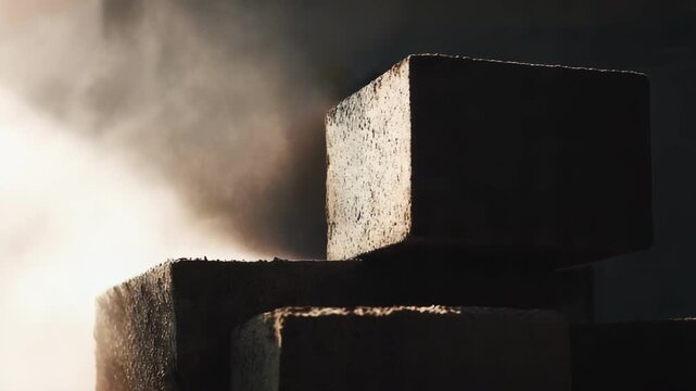 Stack of concrete blocks at a construction site with hazy smoke in the background.