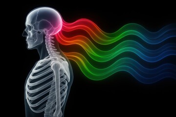 Human Mind's Radiance: A striking visual representation of the human mind, showcasing the flow of thoughts, ideas, and emotions, depicted by vibrant.