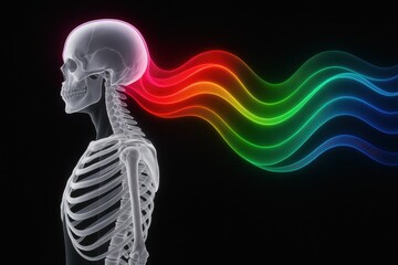 Illumination of Thoughts: An artistic rendering of a human skeletal structure with radiant, colorful energy beams emanating from the head, symbolizing the vibrant power of ideas and imagination.