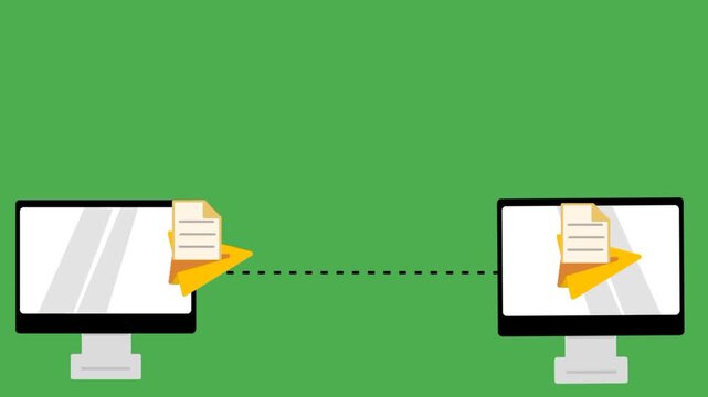 File transfer animation with flying paper plane icon between two computers. With copy space. Modern digital communication concept