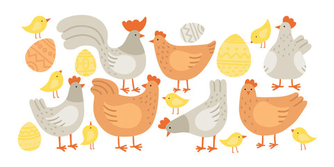 Vector colored hens, rooster, chickens and hen eggs. Doodle illustration isolated on white background. Set of birds for Easter, decor, invitation, cards. Farm, organic meat farming. © Anna