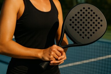 Female athlete holding black padel racket on blue outdoor court, sports concept close-up