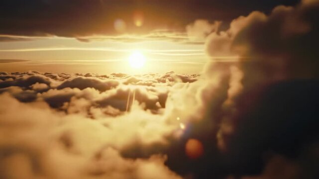 Ultra-wide aerial drone video soaring through a boundless expanse of pillowy clouds, bathed in golden god rays and rim light from a hidden sun, serene heavenly dreamscape