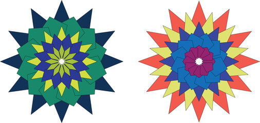 Abstract geometric mandala vector with colorful floral symmetry on black background, modern decorative art design representing balance, meditation, and digital creativity