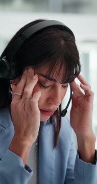 Business woman, headache and consultant with headset for stress, mistake or frustrated in office. Tired, mature person or agent with migraine for strain, difficult customer or deadline and pressure