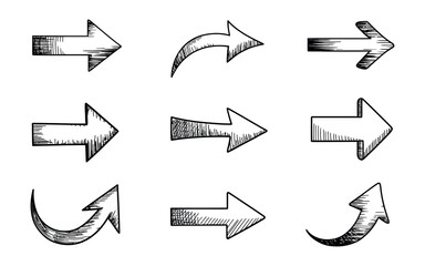 Hand-painted arrow symbol pack.  brush-stroke vector arrows pointing in all directions on transparent background for illustration, web design, flowcharts, and creative storyboard graphic projects.