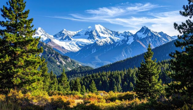 Majestic Snow Capped Mountains Under A Bright Blue Sky With Evergreen Trees In The Foreground And Golden Autumn Foliage Below - Powered by Adobe