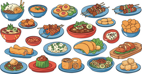 Pixel Art Assortment of Diverse Food Dishes Featuring Various Cuisines and Styles