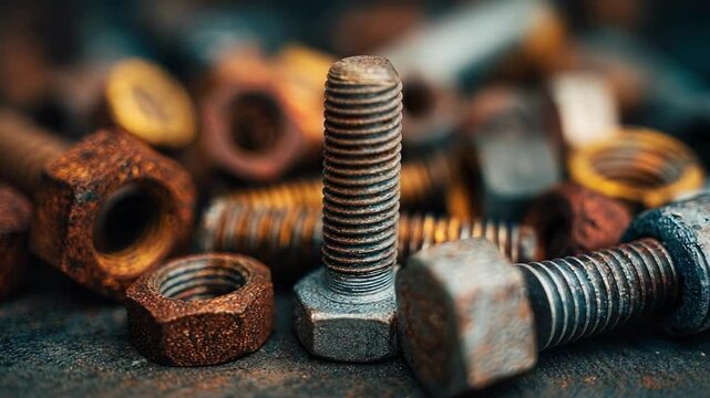 Rusty bolts and nuts scattered on a metal surface.