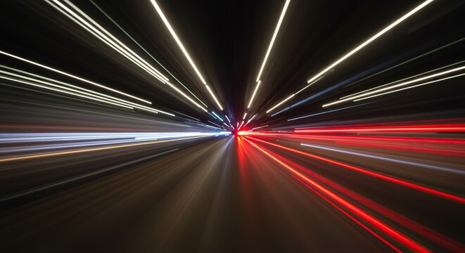 Abstract background showing intense light streaks, blurring reality and creating a sense of rapid movement through a distorted time continuum, fractured, physics, wave