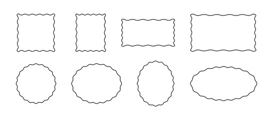 A set of wavy frames of different geometric shapes. Black and white graphic vector illustration with a line. The abstract element is isolated on a white background for design, text, label. Frame Icons