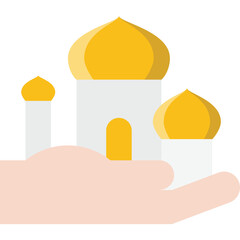 Golden domed white mosque structure rests on a light skin tone hand against a transparent background in a clean flat design style