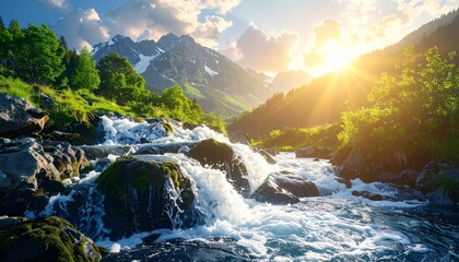 A clear mountain stream flows through lush greenery under a sunlit, partly cloudy sky—evoking freshness, tranquility, and the vibrant rhythm of nature’s untouched beauty.