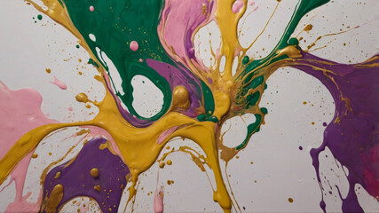 Minimal artistic background with pink, green, gold, purple, and white colors flowing and dripping across the canvas, creating a vibrant explosion of paint with bubbles forming throughout. 