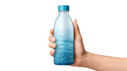 Water Bottle Concept - Hand Holding Bottle Filled with Ocean Water