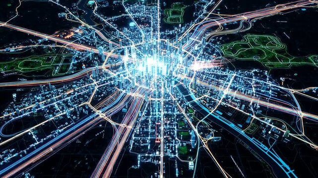 Dynamic city map illuminated with glowing lines showcasing interconnected network data flow