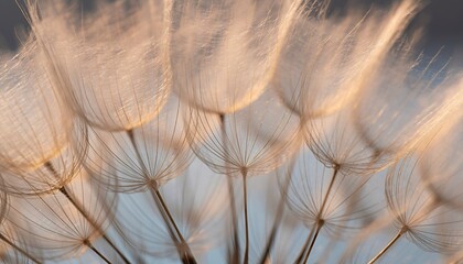 Close Up Macro Shot Of Dandelion Seed Heads With Golden Light And Water Droplets Visible In The Soft Morning Sun Against A Blurred Blue Sky