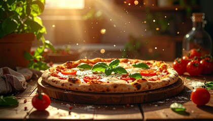Freshly baked pizza with basil, tomato, and melted cheese on wooden board in rustic kitchen with sunlit background for editorial food photography homemade cooking decor and poetic warmth-themed visual