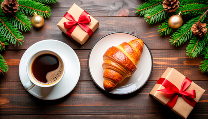 Delicious Christmas morning breakfast with fresh croissant and coffee near gifts, perfect for holiday marketing and cozy winter promotions