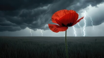Red poppy in a field during a storm