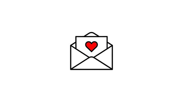 Envelope with red heart symbol 2D animation on white background, love message and romantic communication concept.