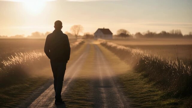 Solitary man in contemplative mood walking along rural road towards house at sunrise with misty fields background