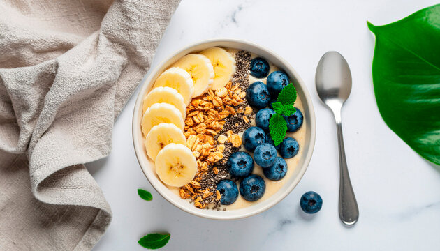 Delicious breakfast bowl with fresh blueberries, banana slices, granola, chia seeds and mint, a healthy and vibrant start to your day!