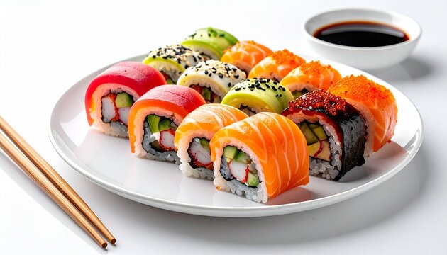 Assorted sushi plate with nigiri, maki rolls, soy sauce, and chopsticks in circular arrangement for editorial Japanese cuisine photography culinary decor and poetic precision-themed visualssushi plate