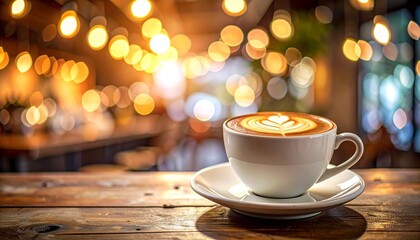 Obraz premium Cappuccino or latte with heart-shaped foam art in white ceramic cup on rustic wooden table with warm café lights for editorial coffee photography cozy lifestyle decor and poetic comfort-themed visuals