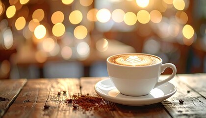 Cappuccino or latte with heart-shaped foam art in white ceramic cup on rustic wooden table with warm café lights for editorial coffee photography cozy lifestyle decor and poetic comfort-themed visuals