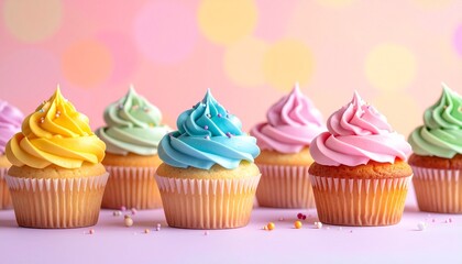 Colorful cupcakes with assorted frosting swirls and sprinkles in row against pink gradient background for editorial baking photography celebration decor and poetic joy-themed visualscolorful cupcakes 