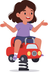 PrintHappy little girl riding red spring car toy at playground, cheerful child playing outdoor, fun cartoon illustration, smiling kid joy