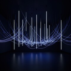 Abstract composition of glowing suspended orbs and lines creating dramatic modern illumination and unique atmosphere, atmosphere, metal, line