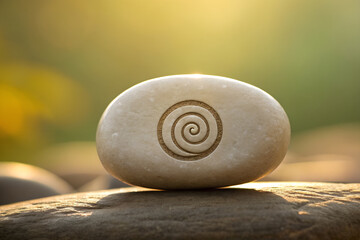 Smooth pebble with spiral engraving, symbol of balance and mindfulness, natural gradient background evoking calm, zen, and serenity